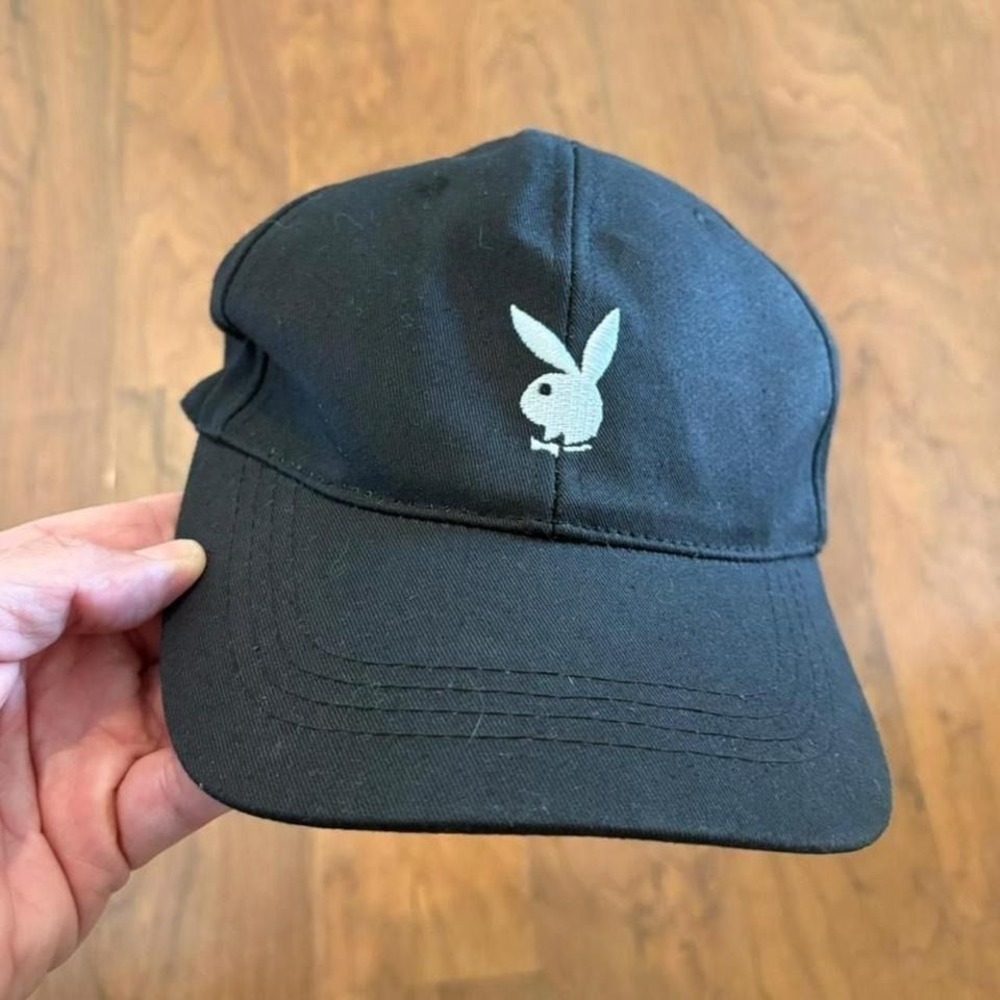 Spencer's Black Playboy‎ baseball cap w/ white embroidered logo, warping front